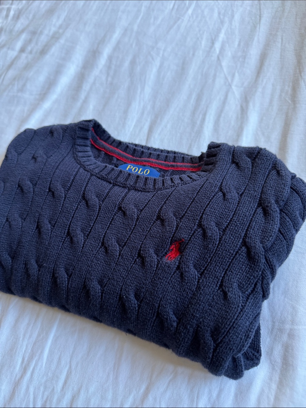 Polo by Ralph Lauren Navy Cable-Knit Crewneck Sweater with Red Pony